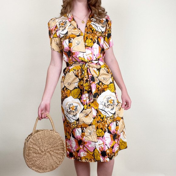 Vintage Floral Midi Dress Belted Puff Poof Sleeve Mid Century Modern 60's 70's - Picture 4 of 9